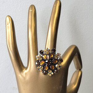 Amber Rhinestone Flower Ring Red Crystal Floral Ring, Adjustable Flower Ring